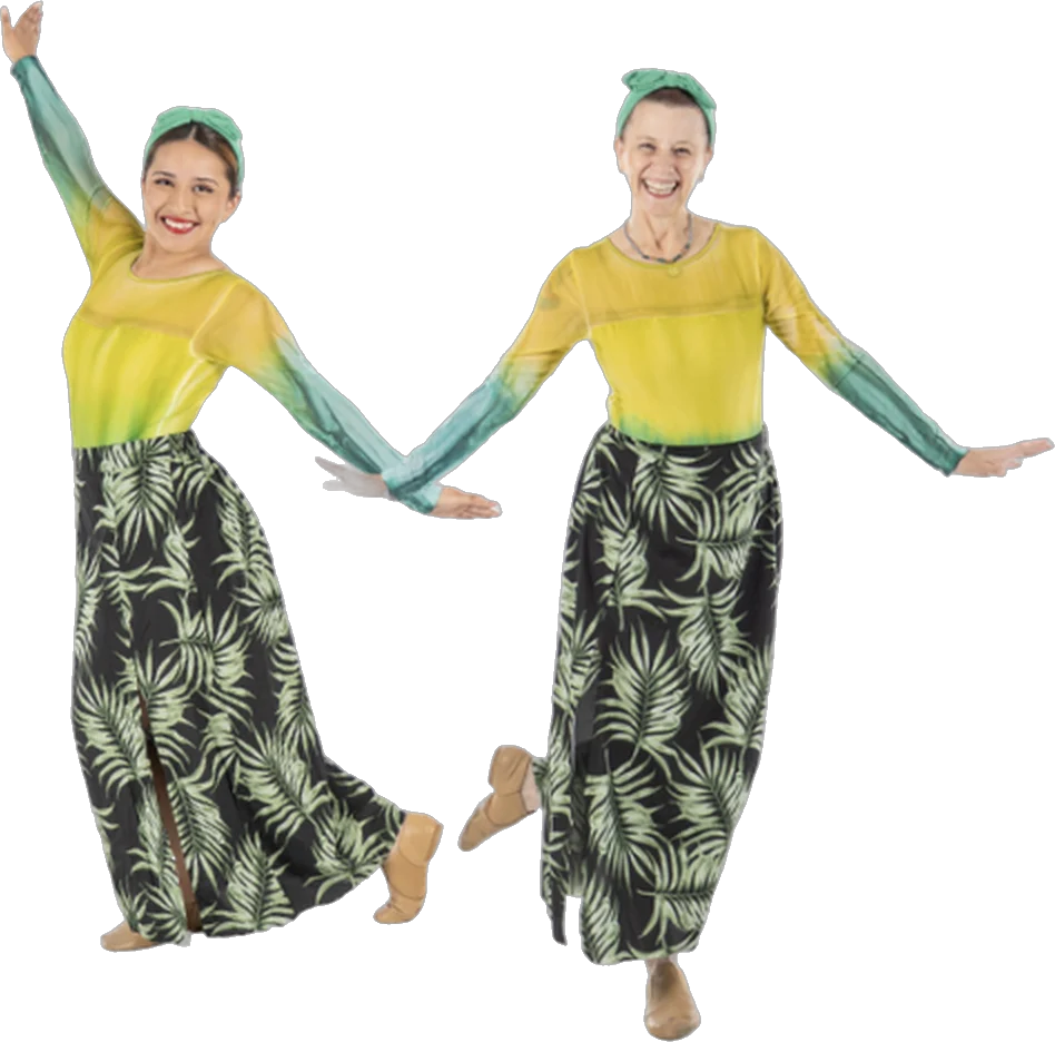 Two adult dancers in yellow and green