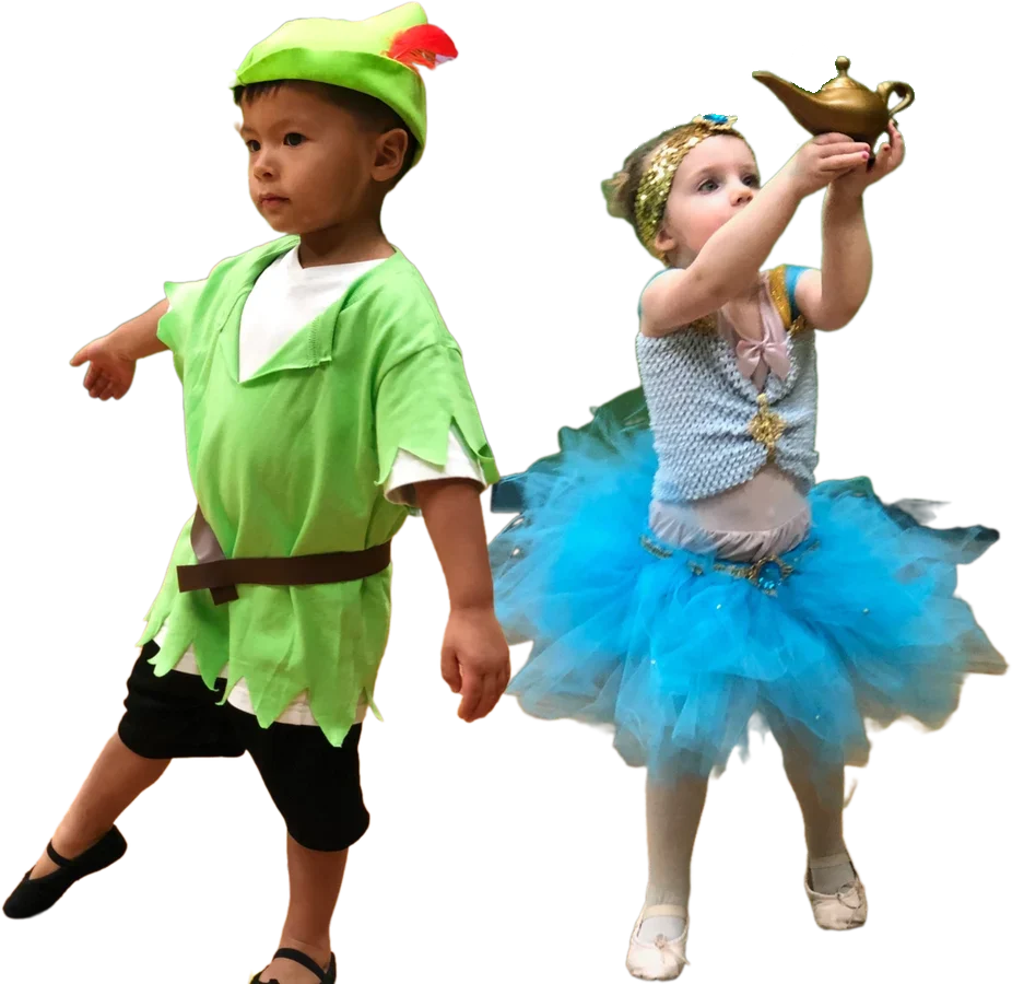 Two Nova Kids dancers in Peter Pan and Jasmine costumes