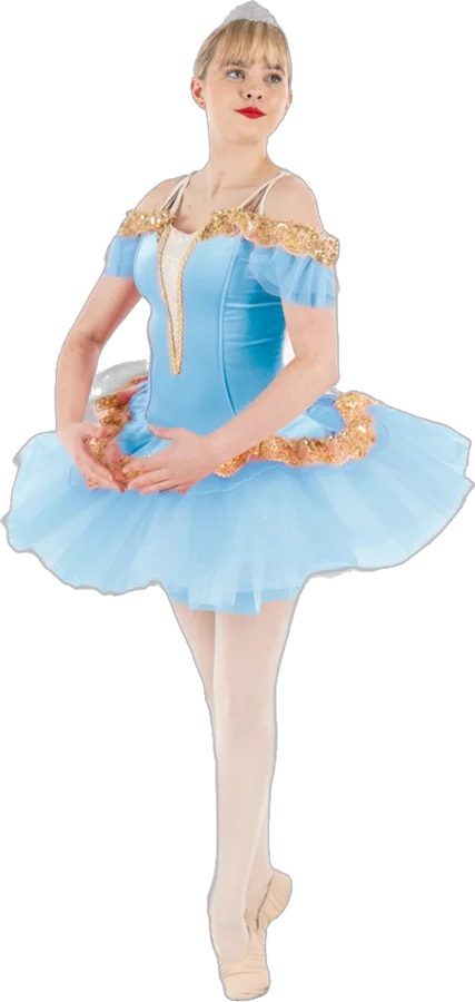 A young ballerina in a blue tutu