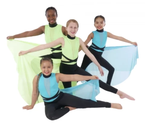 Company dancers in lime and aqua lyrical costumes with flowing skirts