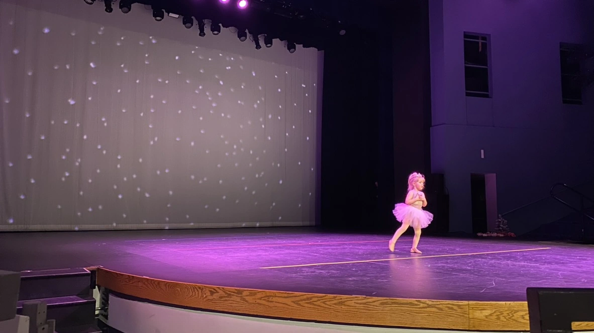 Our youngest company dancer performing a solo in a pink tutu