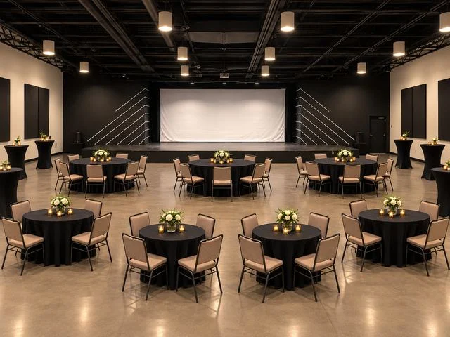 Ovation Theatre set up for a banquet with round tables