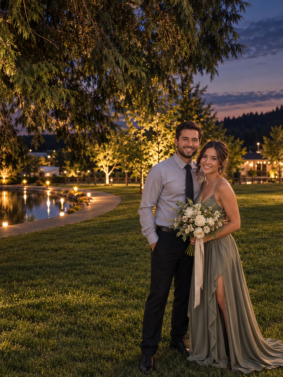 A couple dressed for a formal evening at dusk